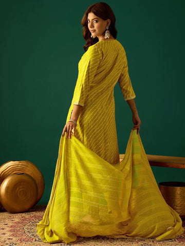 Bandhani-Printed Anarkali With Zari-Embroidered Yoke, Paired With Solid Trousers And Dupatta